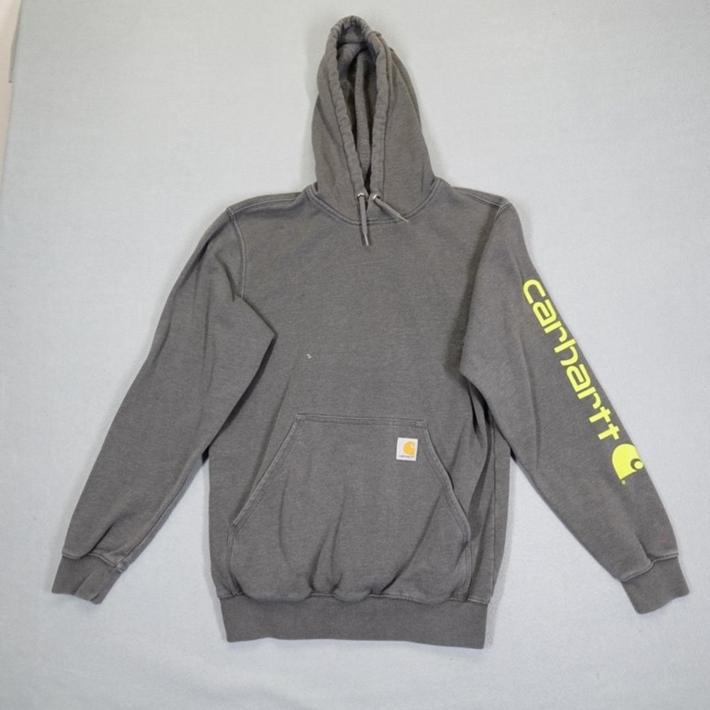 Carhartt Pullover Hoodie Mens S Gray Sleeve Logo Loose Fit Workwear Sweatshirt